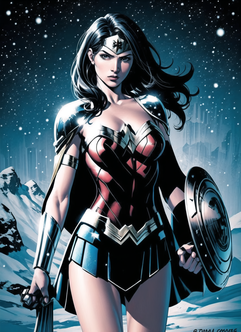 31076240-3690578511-jim lee,__1girl, wonder woman, armlet, black hair, blurry, bracer, breath, cape, cowboy shot, depth of field, holding, holding w.png